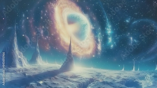 Fototapeta Pastel cosmic landscape, swirling nebulas, distant stars, colorful planets