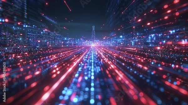 Fototapeta Zooming through a futuristic data highway, where red and blue light trails illustrate the swift transfer of data bytes.