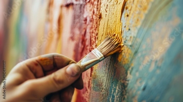 Fototapeta brush in hand for products to restore and paint the wall, indoor the building site of a house, wall during painting, renovation, painting, contractor, Architect, construction worker