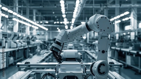 Fototapeta AI manufacturing, robotic assembly, factory automation, industrial robots, smart systems, production line, technology, efficiency, engineering