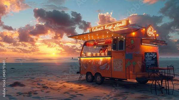 Obraz Illuminated Food Truck on Sandy Beach at Sunset