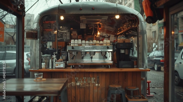 Obraz A Modern Coffee Shop Inside a Vintage Trailer in a European City