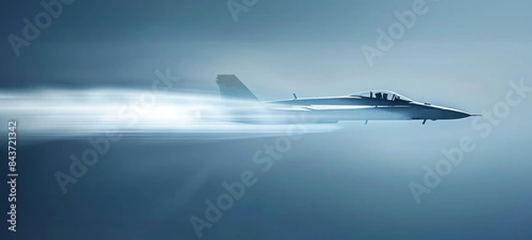 Obraz A jet fighter breaking the sound barrier with a visible shockwave, side view, showcasing extreme speed and power, advanced tone, Complementary Color Scheme