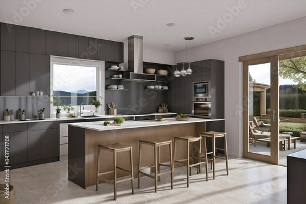 Obraz Scandinavian classic kitchen with wooden and white details, minimalistic interior design