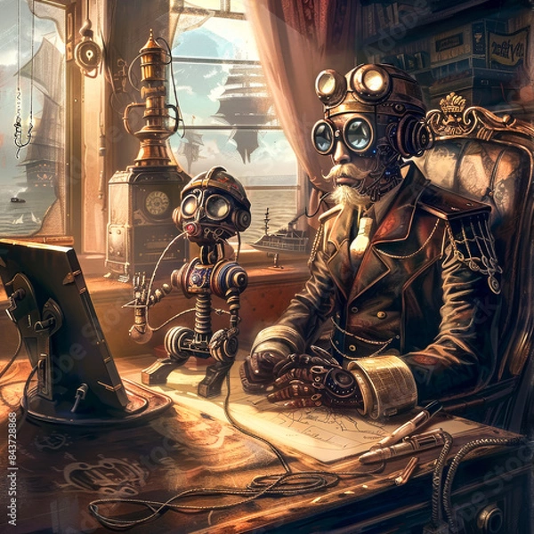 Fototapeta Steampunk Ship Captain.  Generated image.  A digital rendering of a Steampunk ship captain sitting at his desk with a small robot assistant.
