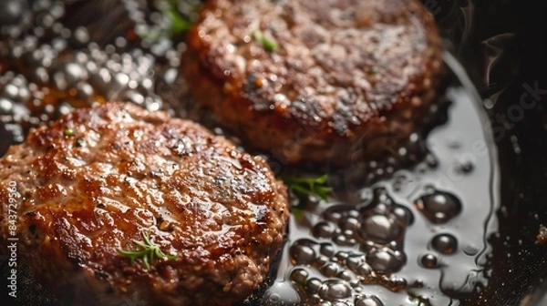Obraz Two cooked frozen hamburger patties in hot frying pan High angle view closeup Fast food : Generative AI