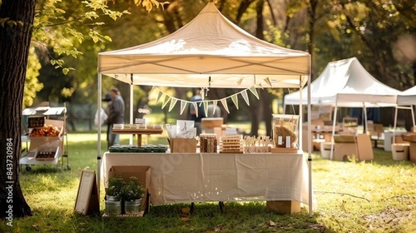 Fototapeta A white canopy tent with tables set up for a market or festival in a park setting.