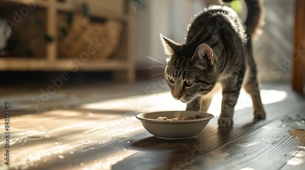 Fototapeta Domestic tabby cat approaches a bowl of food bright sunlight falls on the floor and on the cat High quality photo : Generative AI