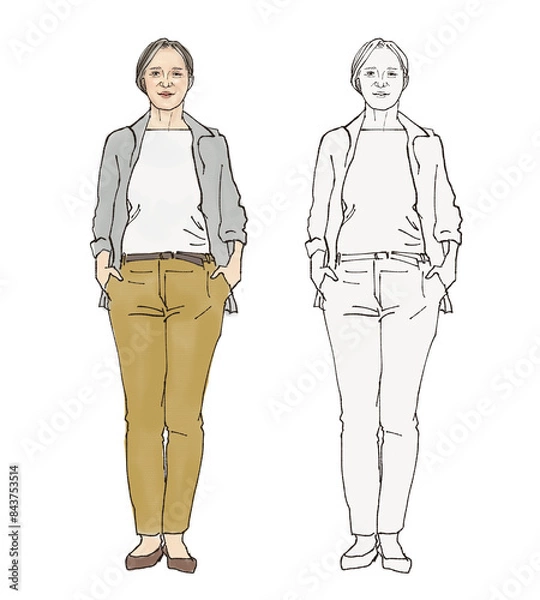 Fototapeta カジュアルな服装の女性の全身イラスト