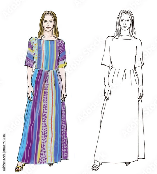 Fototapeta アジアンドレスを着た女性の全身イラスト