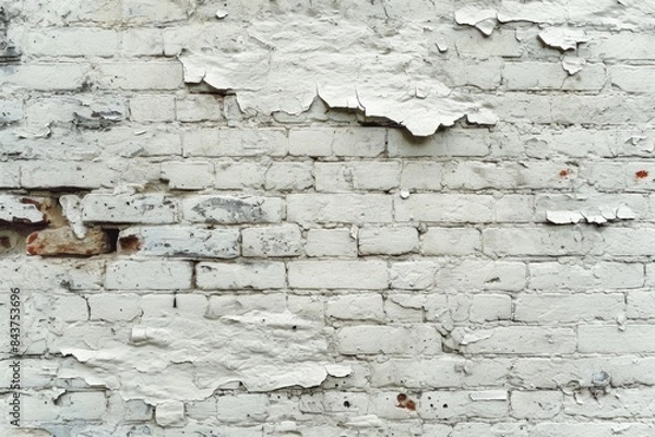 Obraz Old white brick wall with peeling paint and exposed bricks. Urban decay concept