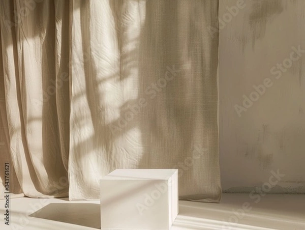 Fototapeta Minimalist Product Podium on White Clean Table with Beige Linen Fabric