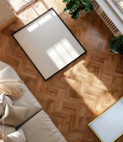Fototapeta A minimalist mockup featuring a blank poster frame lying on a wooden parquet floor. The scene is complemented by a cozy sofa, green plants, and sunlight streaming through a window, casting warm shadow