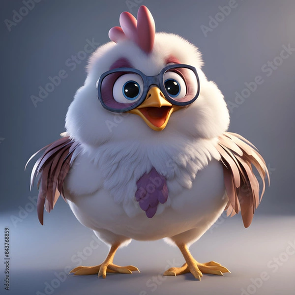 Fototapeta A 3D animated cartoon render of a smiling cartoon Cute Cartoon Chicken Character 3D Rendered on Gray background.