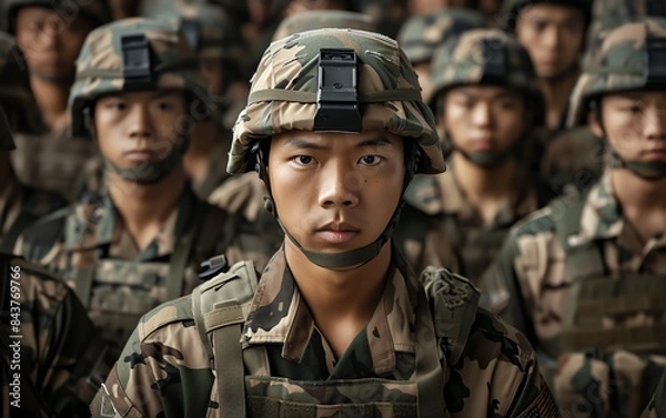 Fototapeta A young Asian man in a neat military uniform, symbolizing strength.