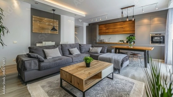 Fototapeta Modern living room interior with grey sofa and coffee table near kitchen, copy space for text s