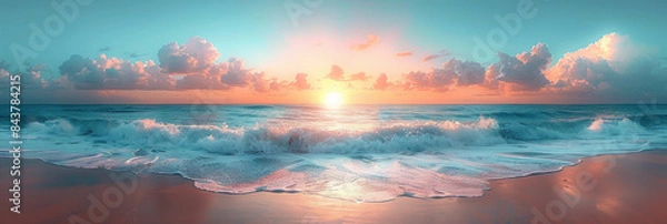 Fototapeta Panorama view of sunset beach abstract background. Generative ai.