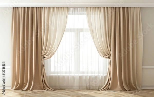 Fototapeta Light beige curtains with a gentle flow, complemented by a white background, providing a graceful and elegant look