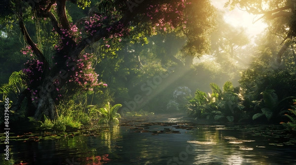 Fototapeta Peace Forest, beautiful blooming flowers There is a stream flowing through it, mysteriously calm, various forest trees.