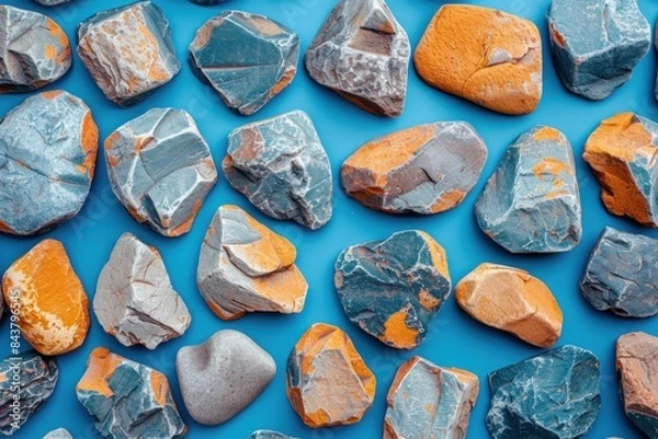 Fototapeta An assortment of orange, gray, and blue stones elegantly arranged on a calming blue backdrop, creating a visually pleasing display of color and texture.
