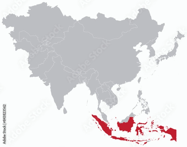 Fototapeta Highlighted red map of INDONESIA inside grey detailed blank political map of Asia on light blue background, without the Middle East and Russia