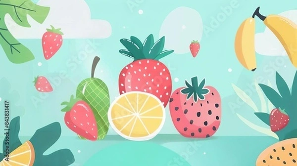 Fototapeta A variety of fruits, including strawberries, bananas, pears, and lemons, are arranged on a green background