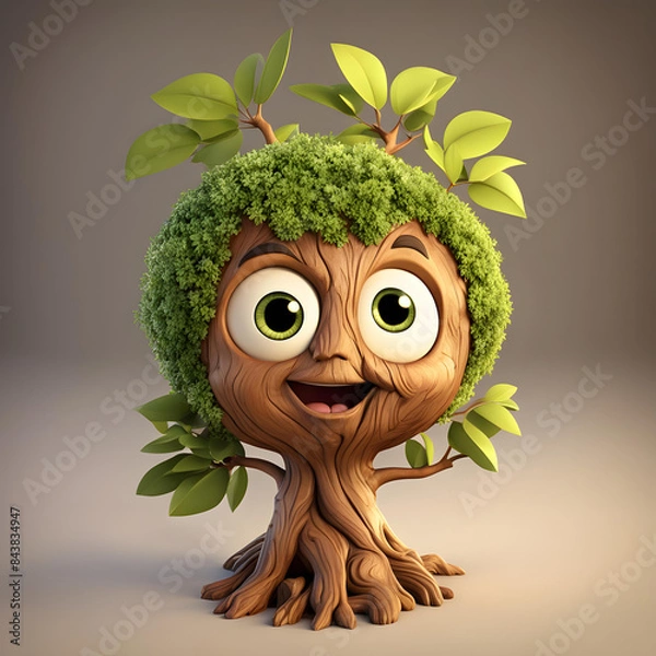 Obraz 3D animated cartoon render of a smiling cartoon Cute Tree cartoon character 3D Rendered on White background.