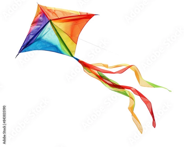 Fototapeta A colorful kite with a rainbow design and a long tail. The kite is flying high in the sky.