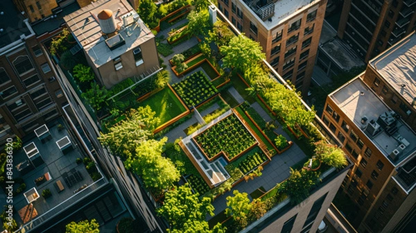 Fototapeta Vibrant rooftop garden thrives amidst concrete jungle, showcasing flourishing ecosystem within bustling city