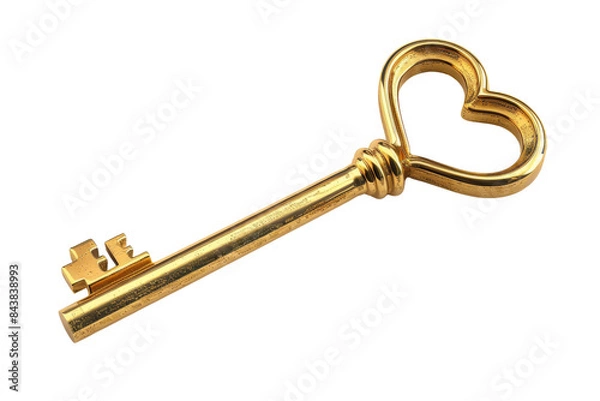 Fototapeta A golden key with a heart-shaped bow.  The key is isolated on a black background.
