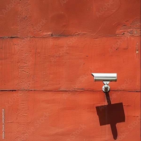 Fototapeta A vibrant red wall with a security camera and its shadow, representing a minimalistic urban concept.