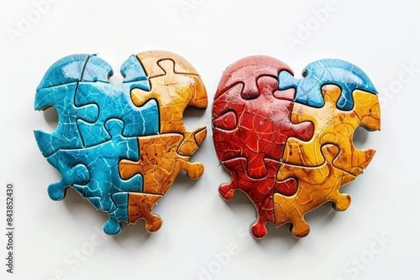 Fototapeta Heart and brain with puzzle pieces fitting together, symbolizing unity of logic and emotion, isolated on white