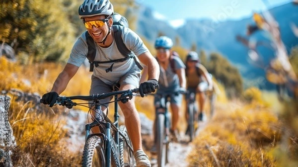 Obraz Three people mountain biking on a trail in a scenic outdoor setting