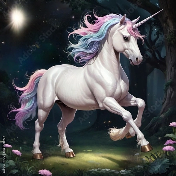 Fototapeta  a beautiful unicorn in a magical forest 