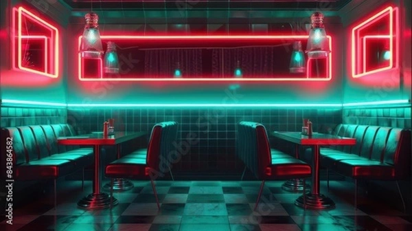 Fototapeta retro diner booth illuminated by teal and red neon lights nostalgic atmosphere digital illustration