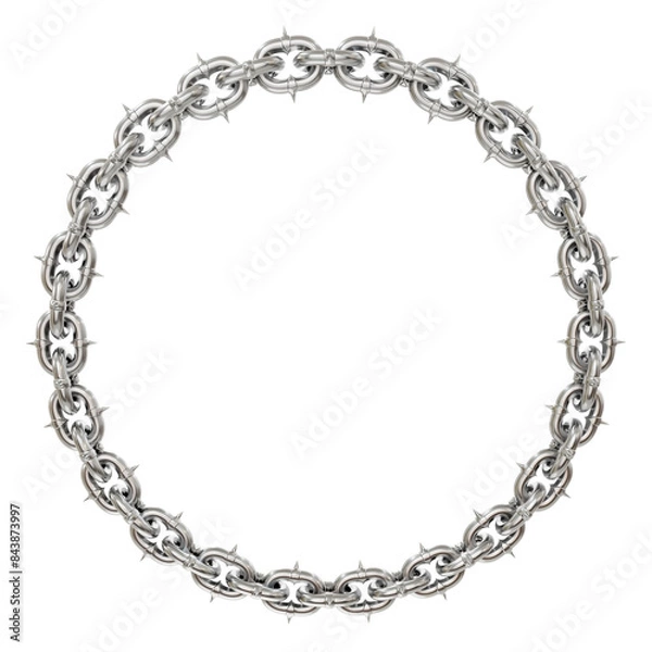 Fototapeta Metal Chain Sculpture: 3D Design. 3D render showcases a captivating modern sculpture: sharp-tipped metal chains forming a perfect circular frame (transparent PNG background).