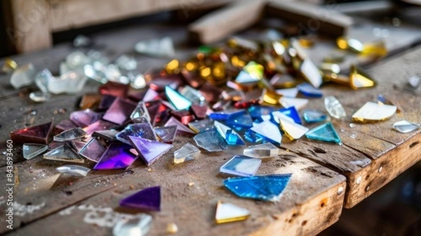 Fototapeta Colorful broken glass shards on rustic wooden surface