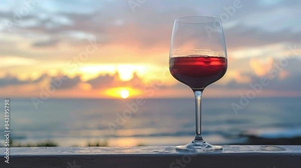 Obraz A glass of red wine set against an evening sea horizon