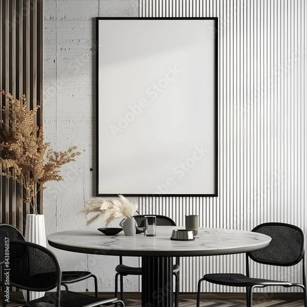Fototapeta A mockup of an empty blank poster frame on the wall in the dining room, with a modern interior design featuring a white and black color scheme in the style of Scandinavian style