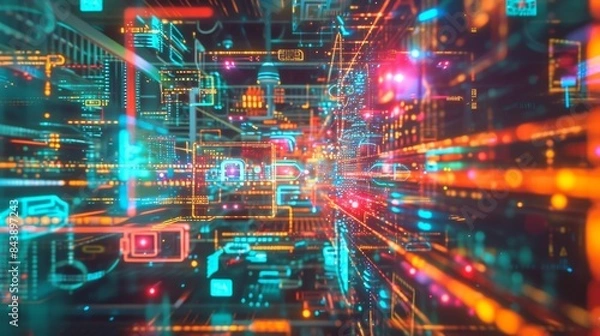 Obraz Photo of a smart greenhouse complex, where neural networks analyze sensor data and control heating, cooling and ventilation systems to create an ideal microclimate. ::3 neon ::3 --no text --ar 16:9 -