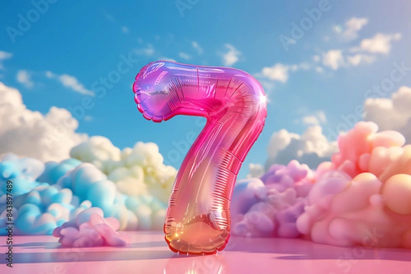 Obraz Bright rainbow inflatable balloon number seven on festive pastel background.