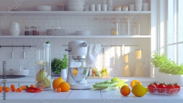 Obraz A photograph of a culinary assistant controlled by a neural network in the process of slicing vegetables against the backdrop of a bright, minimalist kitchen space. ::3 sketch drawing ::3 --no text -