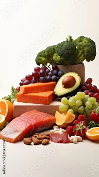 Fototapeta A colorful assortment of healthy foods including fish, vegetables, fruits, nuts, and cheese displayed on a white background for balanced diet concept.