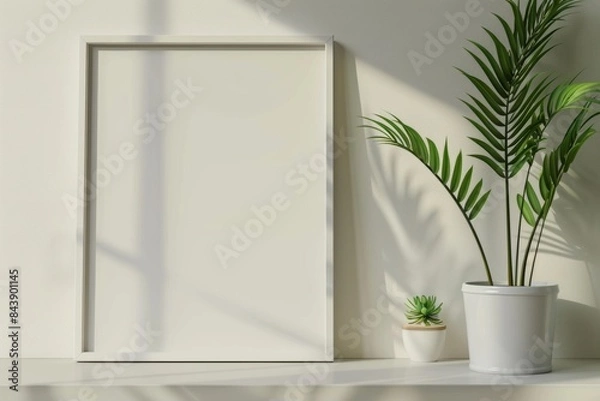 Fototapeta White frame mockup on shelf with a green plant and decoration, minimalist style, simple design,