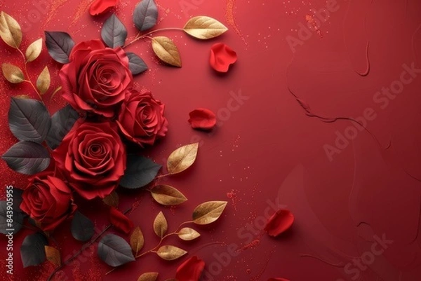 Fototapeta A red background with gold leaf and red roses
