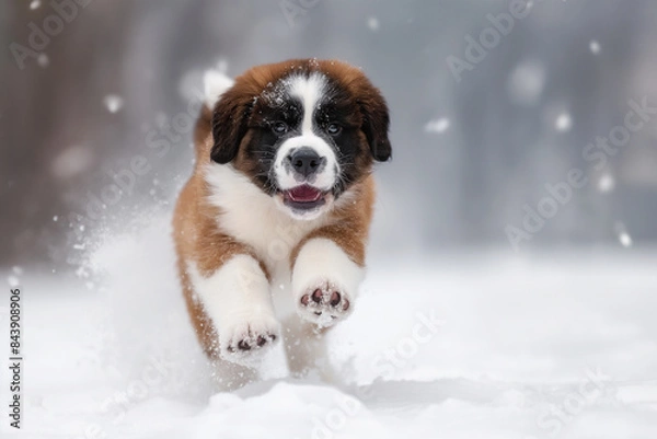 Obraz Saint bernard puppy running through the snow with a happy expression