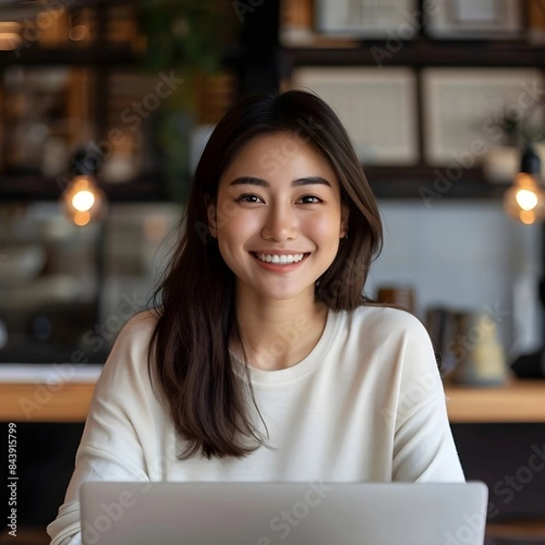 Obraz woman using laptop in cafe