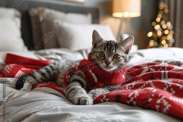 Obraz Tabby Kitten Wearing Red Christmas Sweater on Bed
