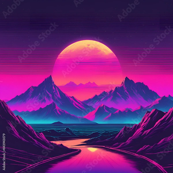 Obraz La lune s’élève au-dessus des montagnes aux couleurs de la Syntwave