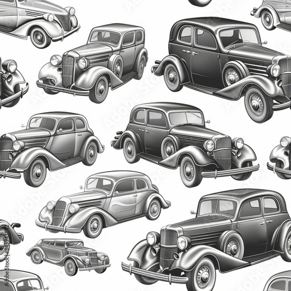 Fototapeta Seamless car pattern coloring page - illustrative style with various models, black and white design